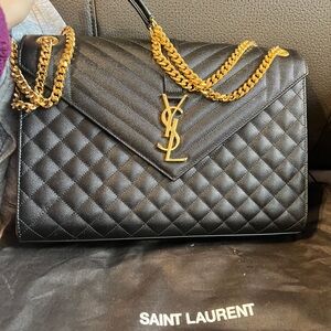 Saint Laurent Black Quilted Shoulder Bag with Gold Chain
